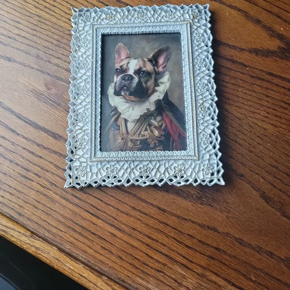 Vtg Metal Picture Frame Gold Filigree Whitewash 4x6 photo Royal Bulldog Print
